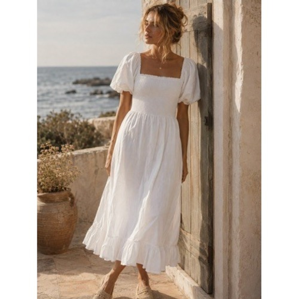 J.Crew Smocked Puff Sleeve Midi Dress Cotton Square Neck Ruffle Hem B0656 M